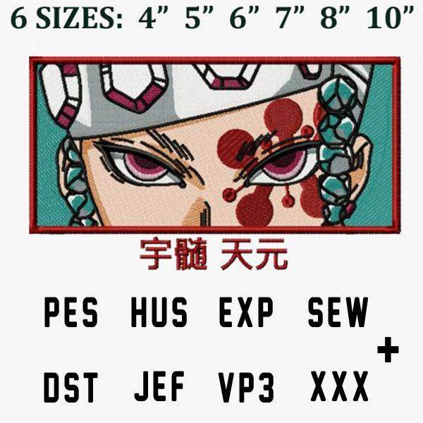 Anime-style embroidery design with red accents, available in 6 sizes and multiple formats like PES, DST, and SVG.
