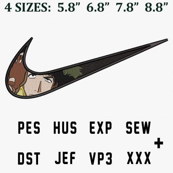 Embroidery design of anime character in Nike swoosh, 4 sizes, PES HUS EXP SEW DST JEF VP3 XXX formats