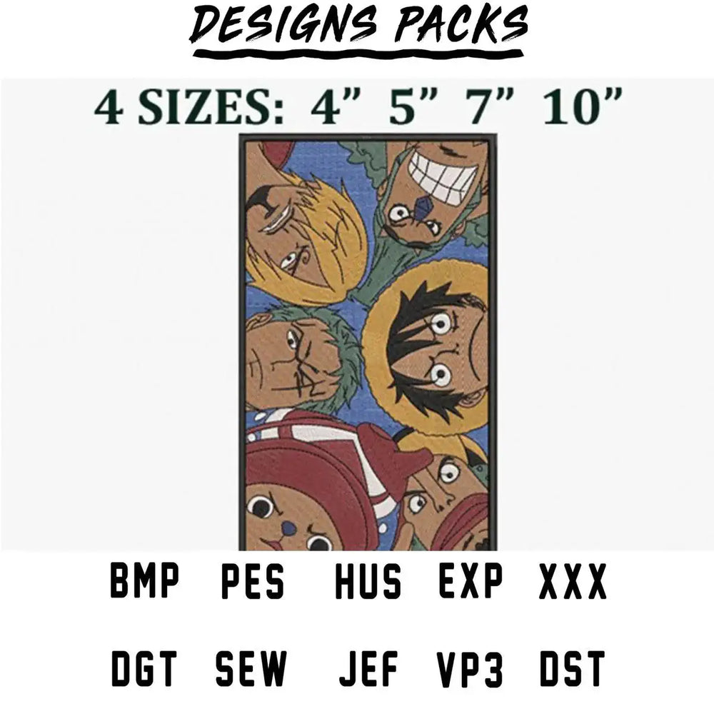 One Piece anime embroidery design in 4 sizes, compatible with PES, DST, and other formats for instant download.