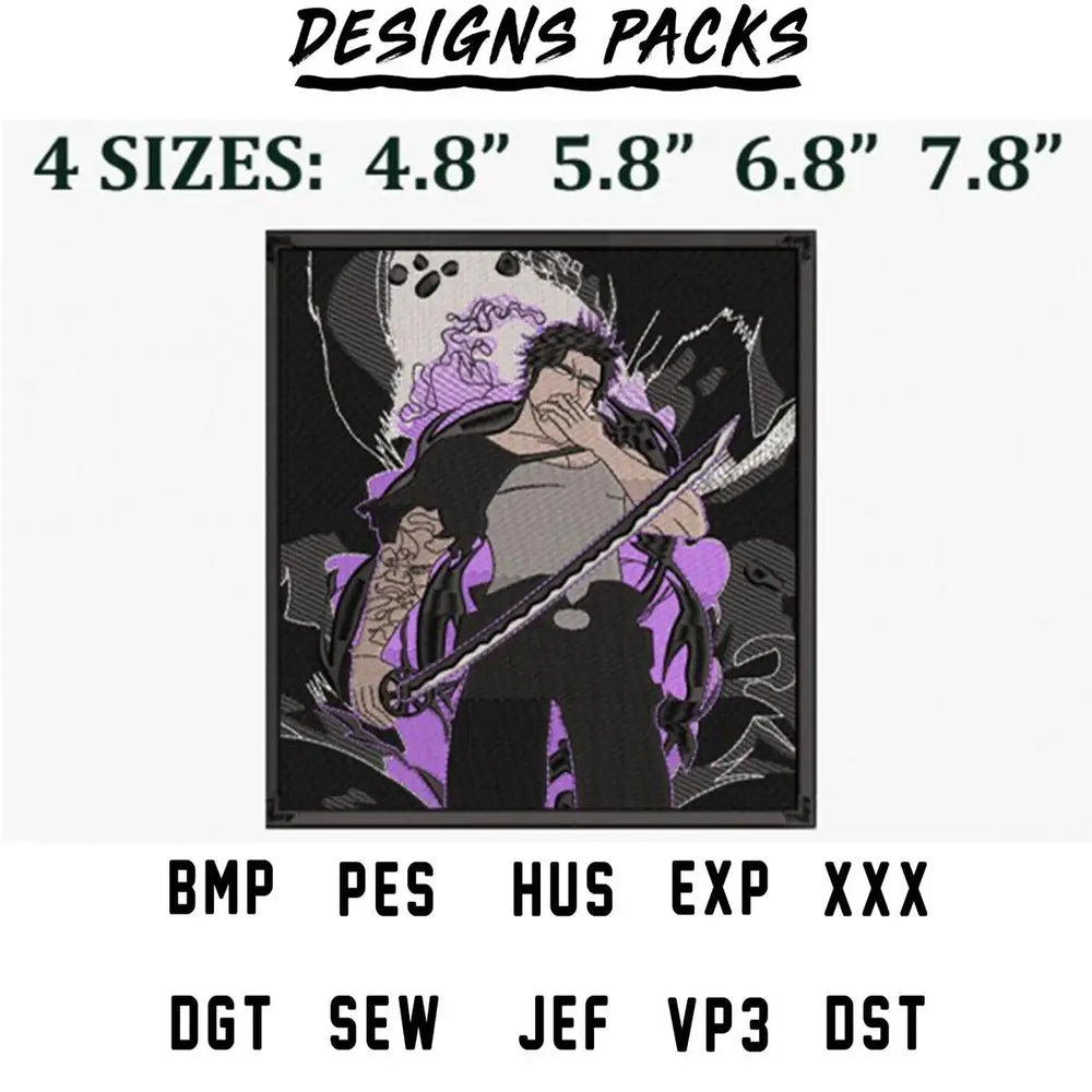 Anime character with sword, purple accents, 4 sizes, embroidery formats PES, DST, EXP