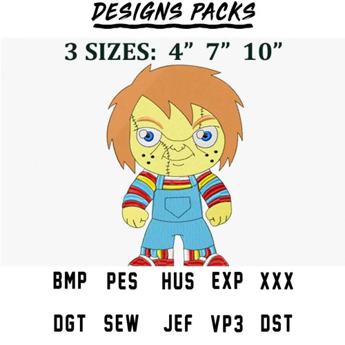 Chucky embroidery design in 3 sizes, available in PES, DST, and other formats for instant download.