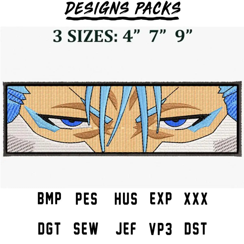 Anime-style embroidered eyes design in 3 sizes, available in PES, DST, and other formats for embroidery machines.