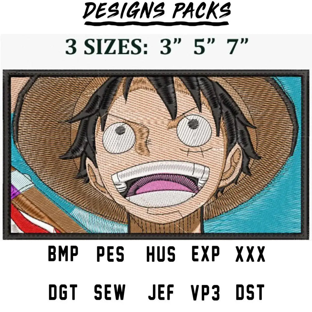 Embroidery design of anime character with 3 sizes, compatible with PES, DST, and other formats