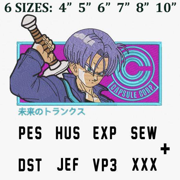 Future Trunks embroidery design with Capsule Corp logo, available in PES, HUS, EXP, SEW, DST, JEF, VP3, XXX formats