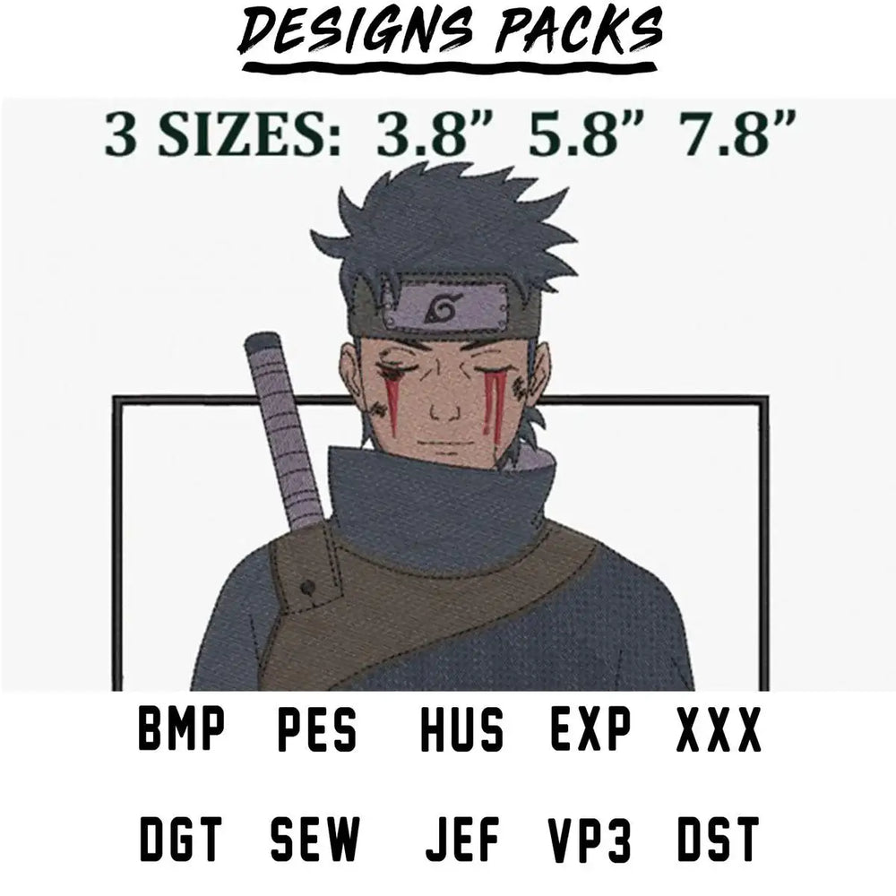 Naruto character embroidery design in 3 sizes, available in PES, DST, and other formats for DTG and DTF printing.