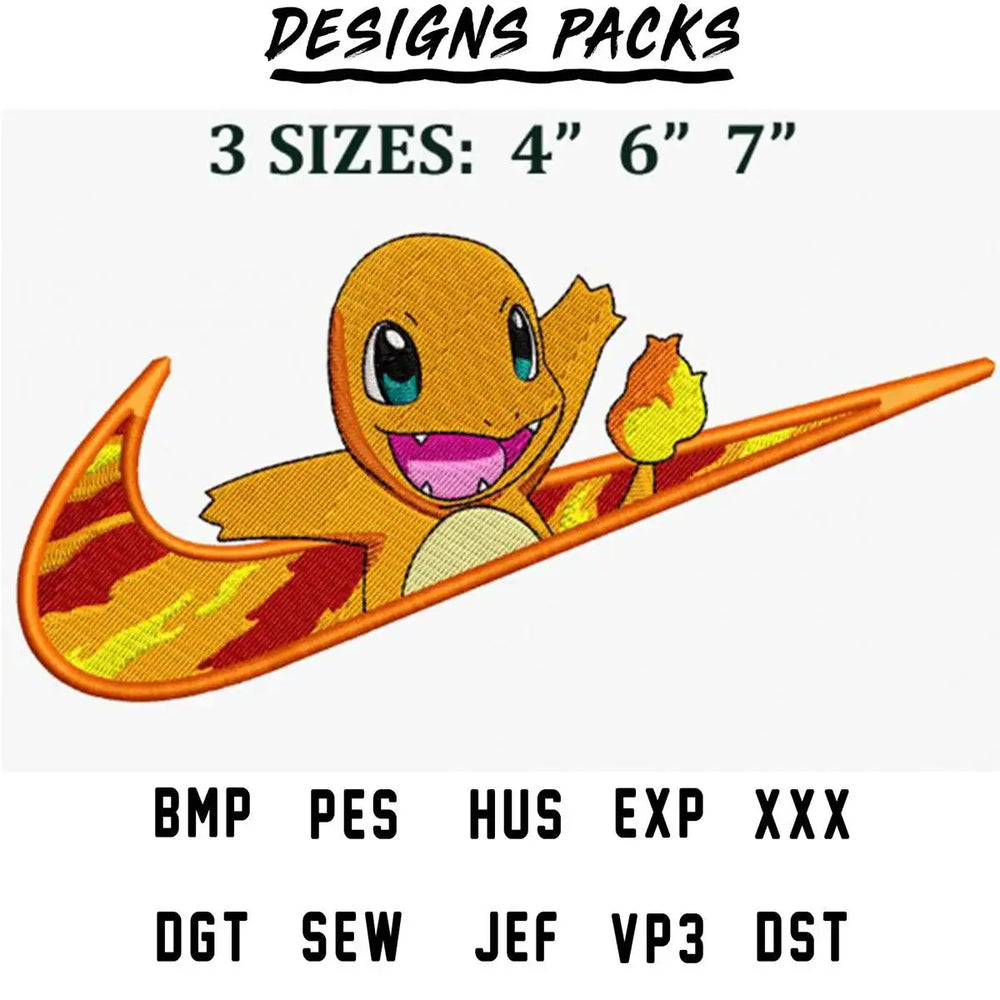 Charmander embroidery design in 3 sizes, compatible with PES, DST, and other formats for instant download.