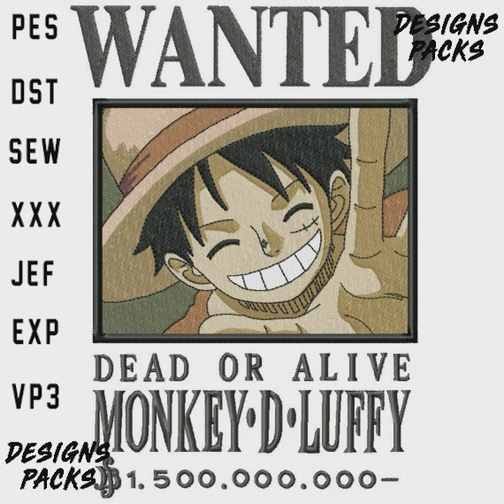 13 Wanted Anime One Piece Bounty Embroidery Designs Bundle Multi Sizes